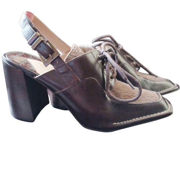 Antonio Melani Shoes 9M Brown Leather Felt Block Heel Slingback Lace Up Retro - Picture 3 of 9